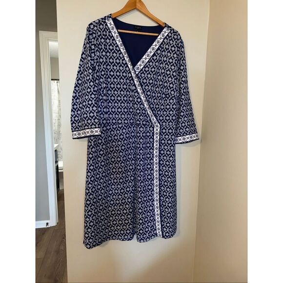 Talbots Plus Size 3X Faux Wrap Knee Length Dress Blue Geometric Print 3/4 Sleeve - Picture 4 of 10